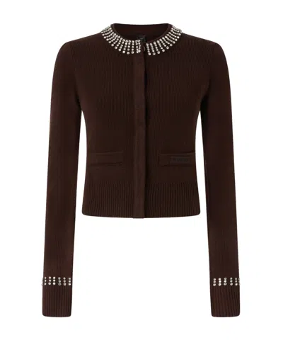 Pinko Long-sleeved Knitted Cardigan In Brown