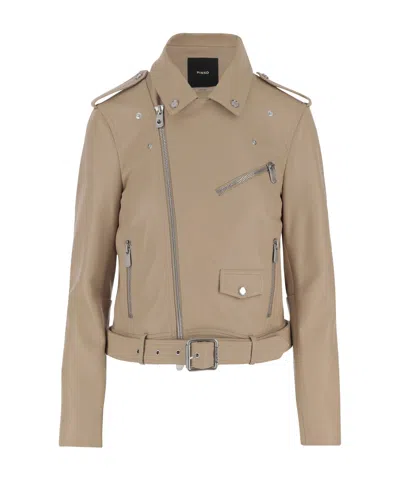 Pinko Long-sleeved Leather Jacket In Beige