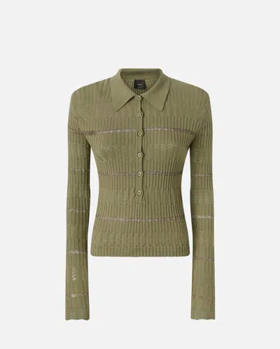 Pinko Long-sleeved Polo Shirt With Metallic Stripe In Lichen Green
