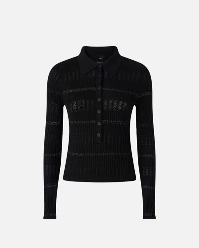 Pinko Long-sleeved Polo With Metallic Stripe In Nero Limousine
