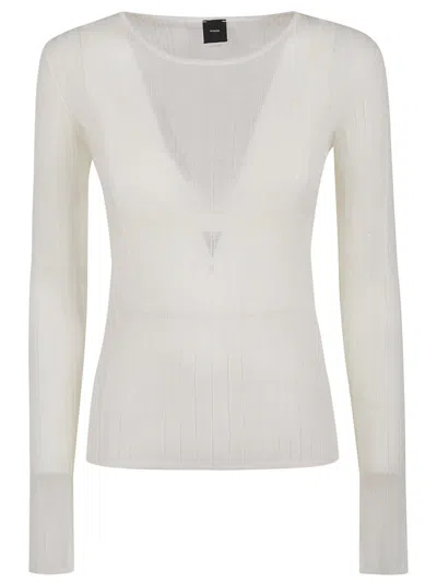 Pinko Long-sleeved Top With Deep V-neckline And Ribbed Texture In White