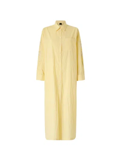Pinko Long Striped Chemisier Dress With Floral Embroidery In Yellow