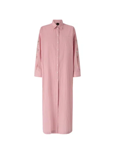 Pinko Long Striped Chemisier Dress With Floral-embroidery In Pink