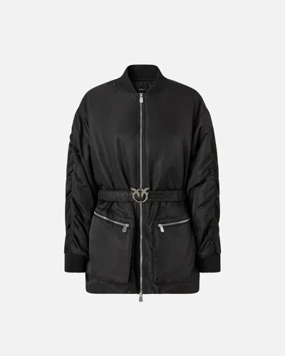 Pinko Long Technical Satin Bomber Jacket In Black