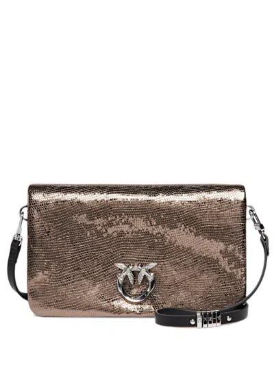 Pinko Love Bag Click Soft Horizontal Small Crossbody Clutch In Laminated Snake-print Leather In Brown