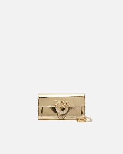 Pinko Love Bag Mirrored Wallet With Shoulder Strap In Or-or Brillant