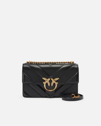 Pinko Love Bag Quilted Shoulder Bag With V-design And Logo In Black-antique Gold