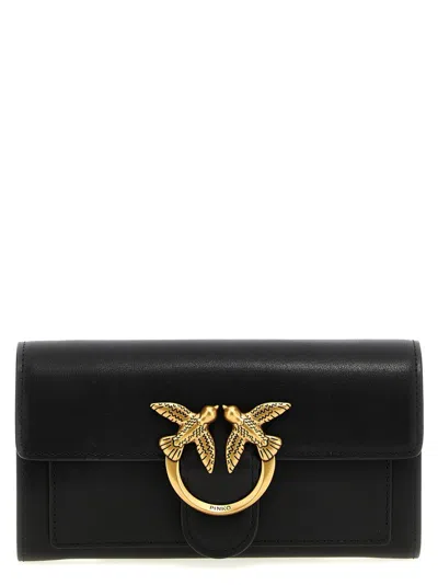 Pinko Love One Calfskin Wallet With Adjustable Chain In Black