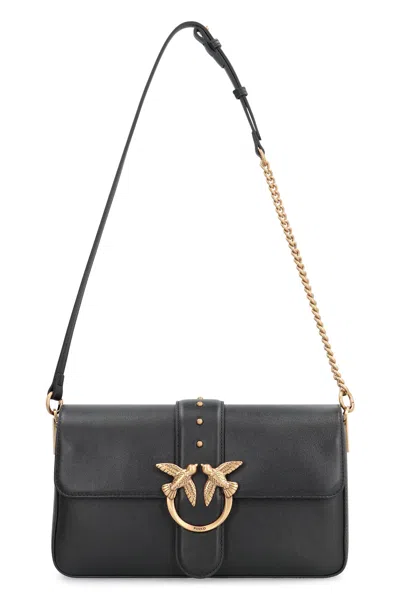 Pinko Love One Classic Black Crossbody Bag With Studded Strap And Love Birds Diamond Cut Plaque On The Fro