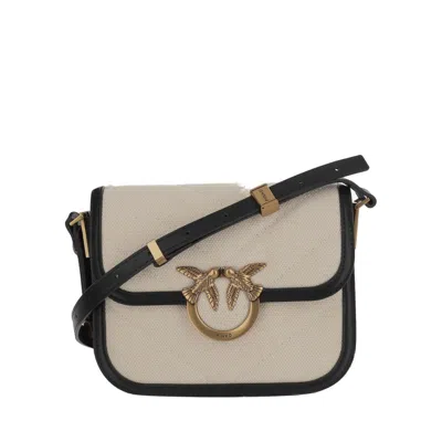 Pinko Love One Leather Crossbody Bag In Bianco Seta-antique Gold