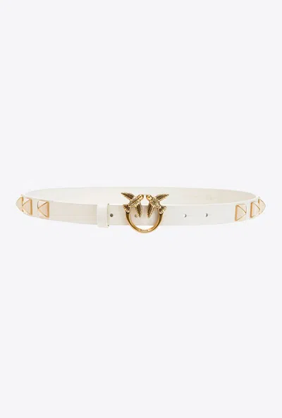 Pinko Love Berry H2 Belt Calfskin Silk Studs In Bianco Seta-antique Gold (z14q)