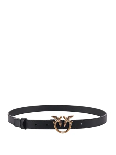 Pinko Love Berry Leather Belt With Love Birds Buckle In Black