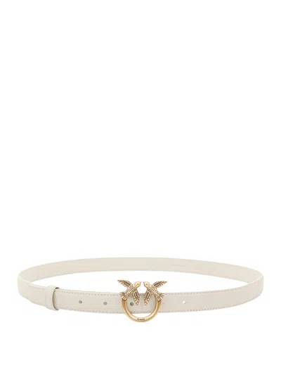 Pinko Love Berry Leather Belt With Love Birds Buckle In White