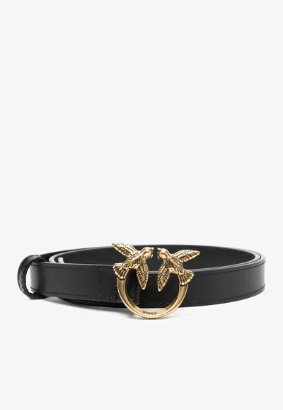 Pinko Love Bird Logo Plaque Leather Belt In Black
