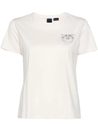 Pinko White Crew Neck T-shirt With Decorative Embellishment In Bianco-biancaneve