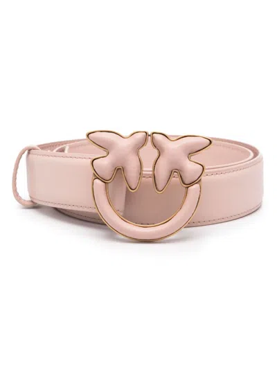Pinko Love Berry Leather Belt With Love Birds Buckle In Neutral