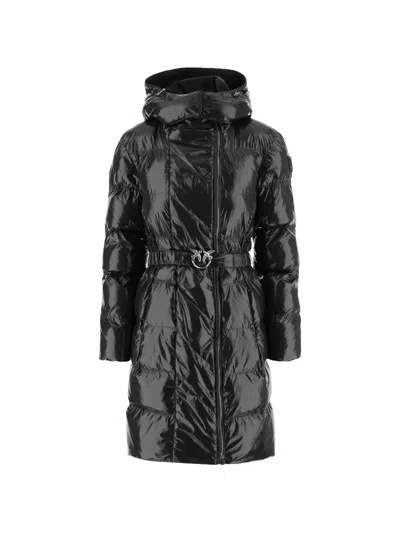 Pinko Glossy Quilted Puffer Coat With Decorative Buckle And Hood In Black