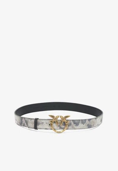 Pinko Love Birds Buckle Belt In Python Print Leather In Brown