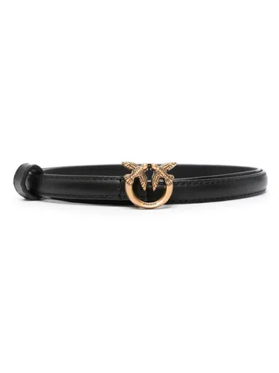 Pinko Love Birds-buckle Leather Belt In Black