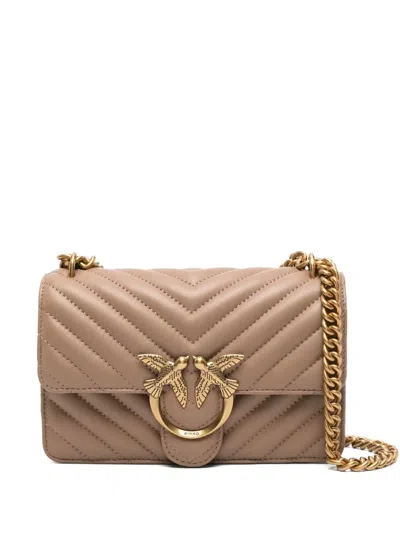 Pinko Chevron Quilted Handbag With Gold Emblem And Versatile Chain Strap In Neutral