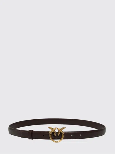 Pinko Love Birds Calfskin Leather Belt With Metal Monogram Buckle In Brown