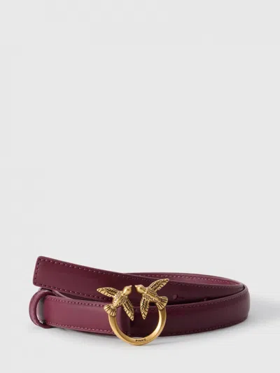 Pinko Love Birds Calfskin Leather Belt With Metal Monogram Buckle In Burgundy