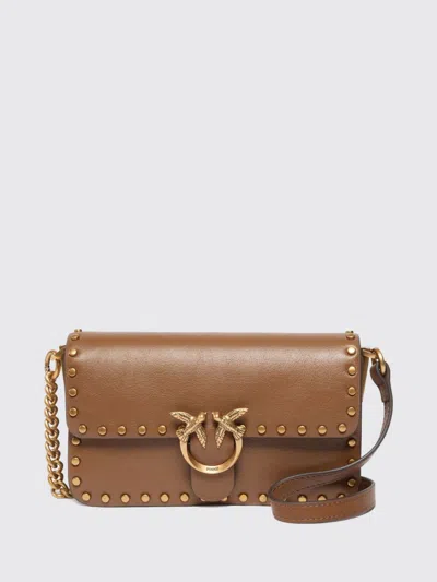 Pinko Love Birds Calfskin Mini Crossbody Bag With Studs In Brown