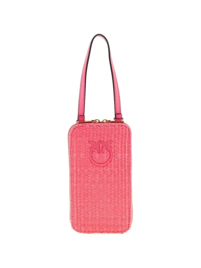 Pinko Love Birds Diamond Braided Raffia Smartphone Holder In Neutral