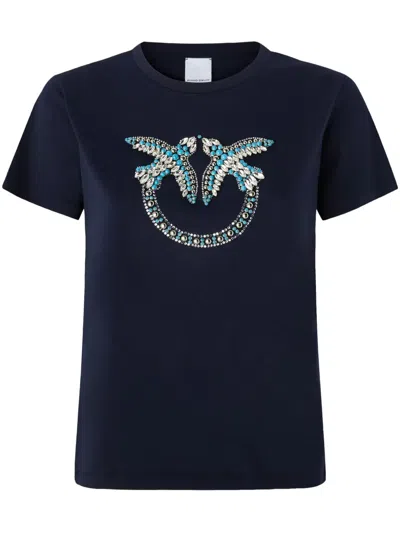 Pinko T-shirt With Crystal-embroidered Love Birds Logo In Bleu Abysse