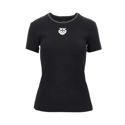 Pinko Love Birds Embroidery Ribbed T-shirt In Black