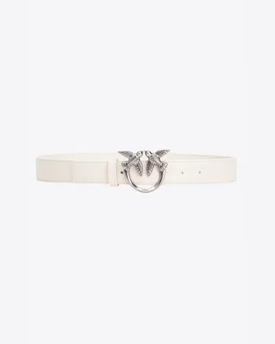 Pinko Love Birds High Leather Belt 4cm In Blanc+blanc-vieil Argent