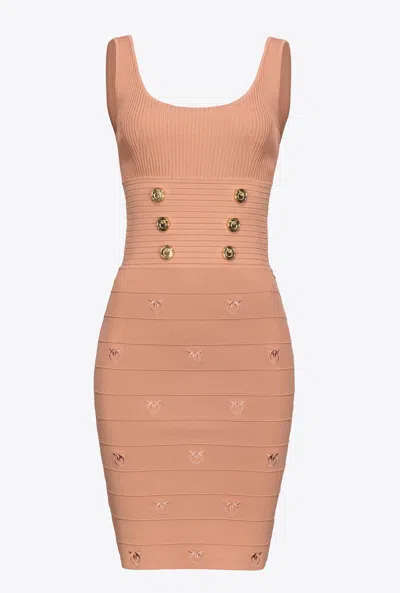 Pinko Love-birds Ribbed Mini Dress In Beige Brun Fauve