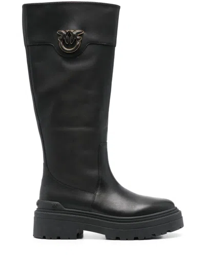 Pinko 'mia' Black Knee-high Boots With Love Birds Diamond Cut Logo On The Side In Leather Woman