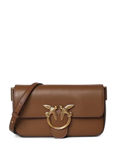 Pinko Love Birds Leather Shoulder Bag In Brown