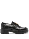Pinko Black Loafers With Logo Plate In Leather Woman In Black