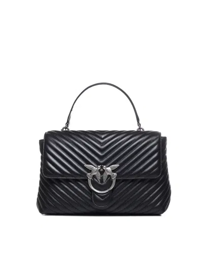 Pinko Love-birds Logo Plaque Quilted Shoulder Bag In Nero Old Silver