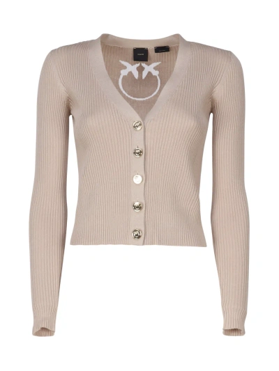 Pinko Love Birds Logo Ribbed Cardigan In Beige