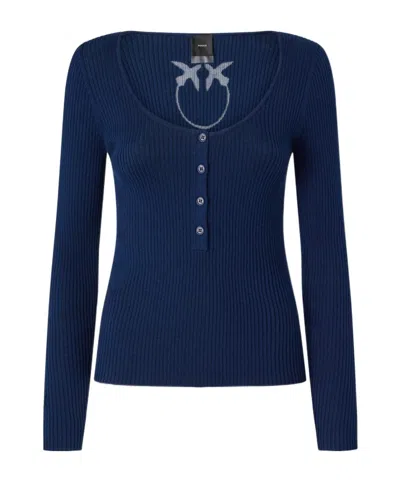 Pinko Love Birds-logo Ribbed Top In Blue