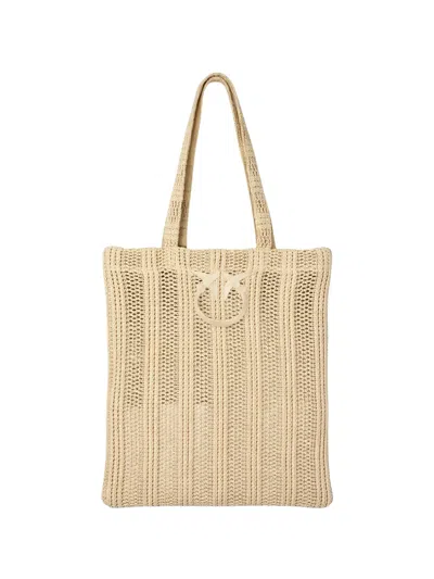 Pinko Love Birds Open-knit Tote Bag In Neutral