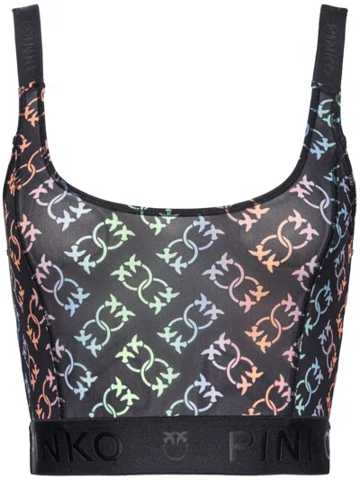 Pinko Love Birds-pattern Cropped Top In Black/multicolour