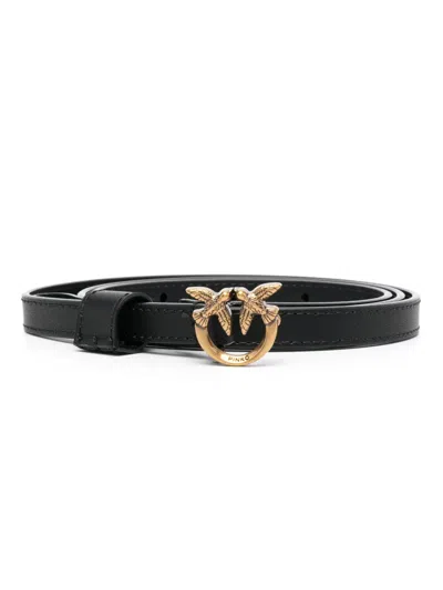 Pinko Love Birds Pebbled Leather Belt In Black
