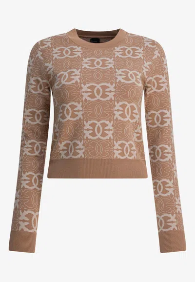 Pinko Love Birds-print Crewneck Sweater In Brown