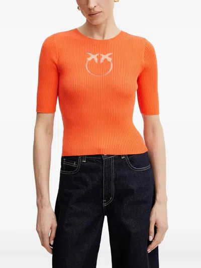 Pinko Love Birds Ribbed Top In Orange