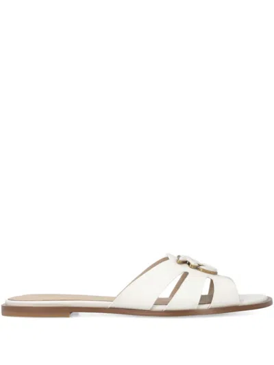 Pinko Milk Calf Leather Slippers With Striped Structure And Golden Details In White