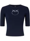 Pinko Crewneck Embroidered Tritone Ribbed Short Sleeves Sweater In Blue