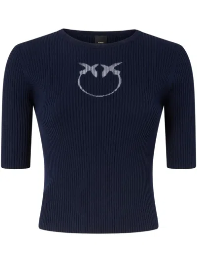 Pinko Crewneck Embroidered Tritone Ribbed Short Sleeves Sweater In Blue