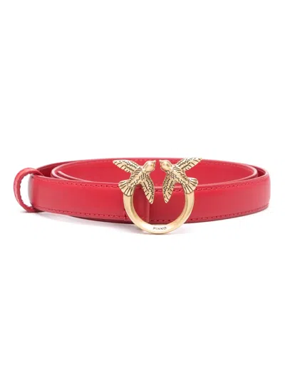 Pinko Love Birds Leather Belt In Red-antique Gold