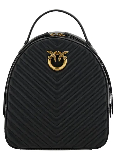 PINKO LOVE CLICK BLACK BACKPACK WITH LOVE BIRDS DIAMOND LOGO DETAIL IN CHEVRON LEATHER WOMAN