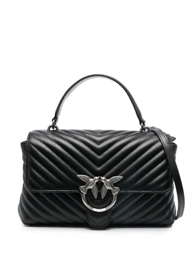 Pinko Chevron-quilted Black Handbag With Logo Buckle In Blue