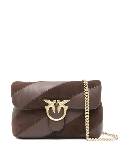 Pinko Love Leather-suede Diagonal-stripe Shoulder Bag In Brown